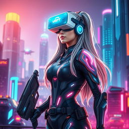 A female futuristic guardian standing confidently, wearing high-tech VR glasses that project digital data around her
