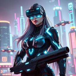 A female futuristic guardian standing confidently, wearing high-tech VR glasses that project digital data around her