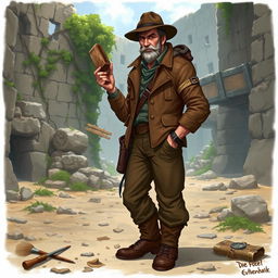 A character in a fantasy role-playing game who is an archaeologist, wearing rugged yet stylish expedition gear, including a brown leather jacket, cargo pants, and sturdy boots