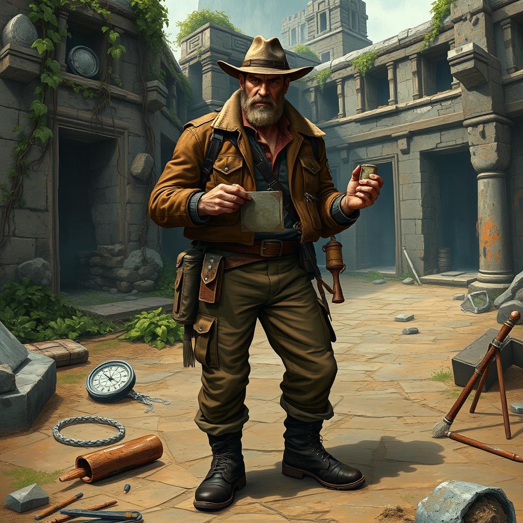 A character in a fantasy role-playing game who is an archaeologist, wearing rugged yet stylish expedition gear, including a brown leather jacket, cargo pants, and sturdy boots