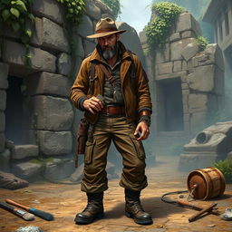 A character in a fantasy role-playing game who is an archaeologist, wearing rugged yet stylish expedition gear, including a brown leather jacket, cargo pants, and sturdy boots