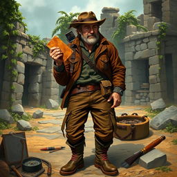 A character in a fantasy role-playing game who is an archaeologist, wearing rugged yet stylish expedition gear, including a brown leather jacket, cargo pants, and sturdy boots