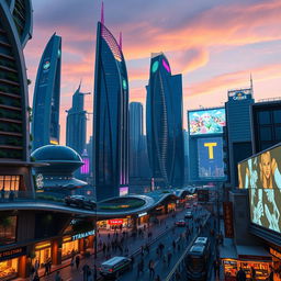 A stunning futuristic city skyline at dusk, featuring soaring skyscrapers with neon lights and holographic advertisements
