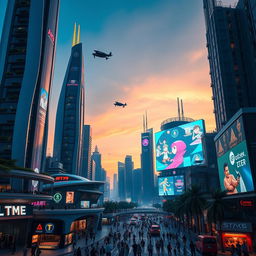 A stunning futuristic city skyline at dusk, featuring soaring skyscrapers with neon lights and holographic advertisements