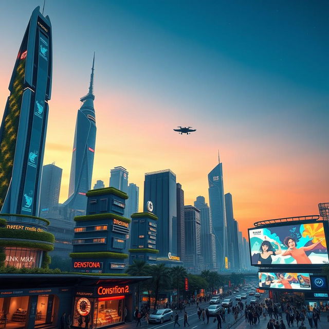 A stunning futuristic city skyline at dusk, featuring soaring skyscrapers with neon lights and holographic advertisements