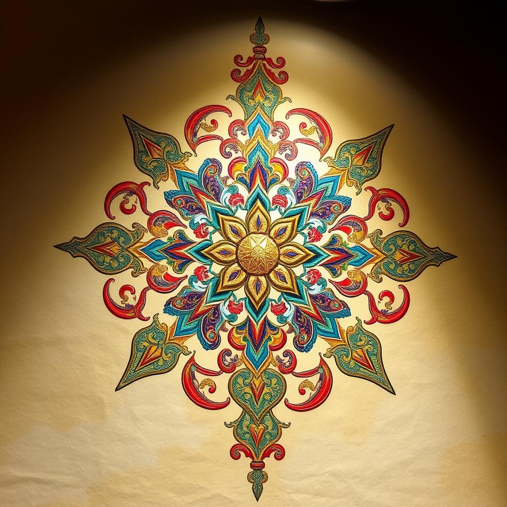 Free illumination art showcasing intricate designs and patterns, richly colored with gold and jewel tones, featuring ornate floral motifs and geometric shapes inspired by traditional Persian manuscript illumination