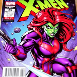 A vibrant and dynamic comic book cover featuring Gamora from the Marvel X-Men universe