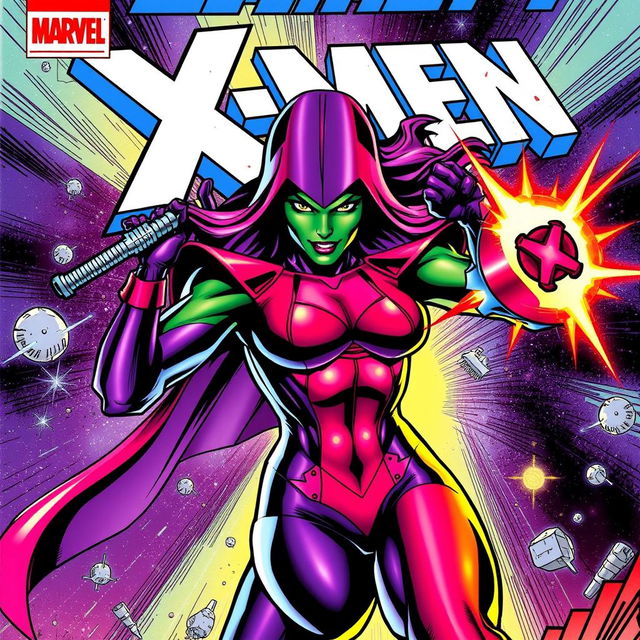 A vibrant and dynamic comic book cover featuring Gamora from the Marvel X-Men universe