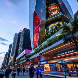 A close-up view of a futuristic cityscape, highlighting intricate architectural details of a sleek skyscraper
