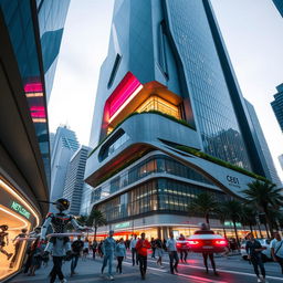 A close-up view of a futuristic cityscape, highlighting intricate architectural details of a sleek skyscraper