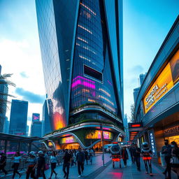 A close-up view of a futuristic cityscape, highlighting intricate architectural details of a sleek skyscraper