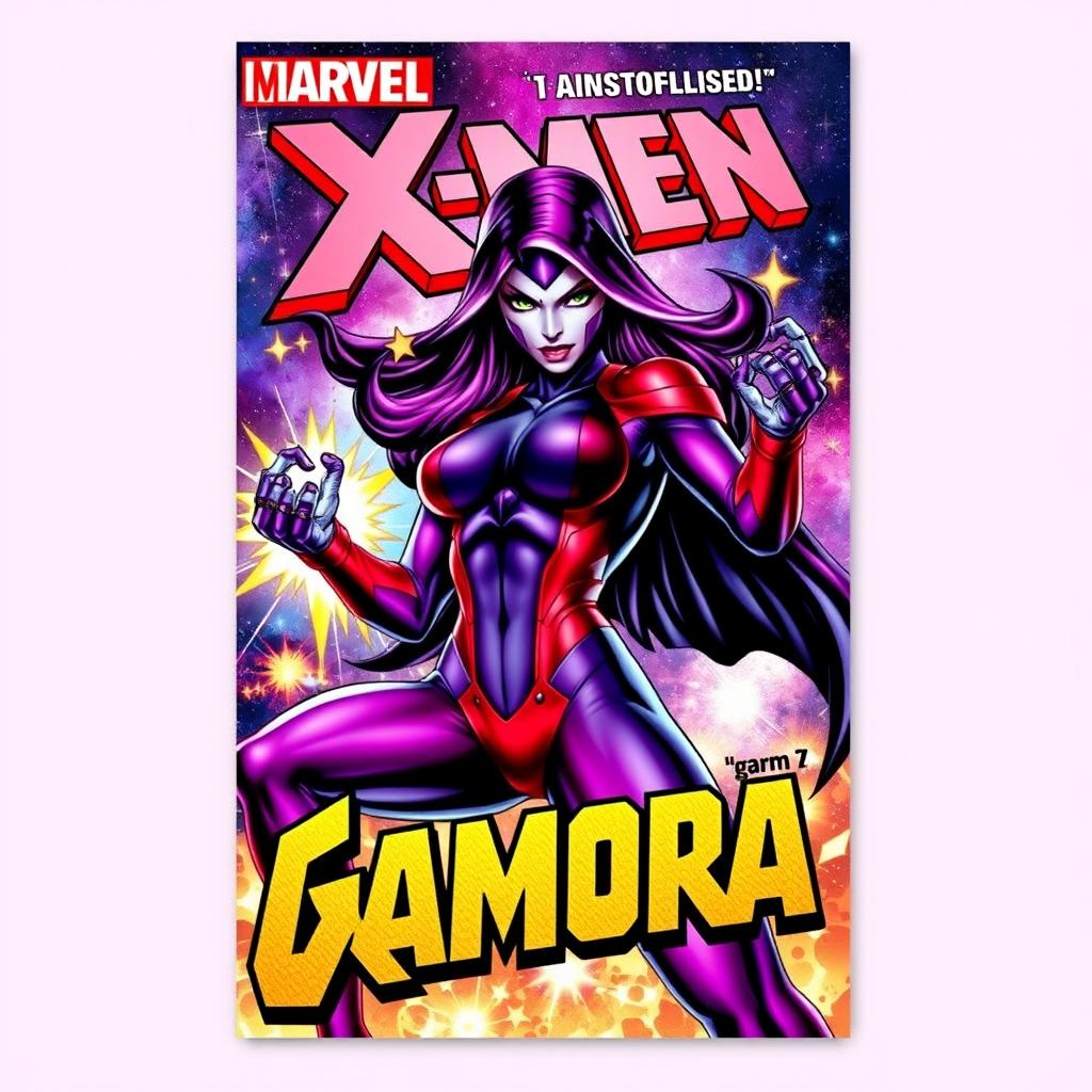 A vibrant and dynamic comic book cover featuring Gamora from the Marvel X-Men series