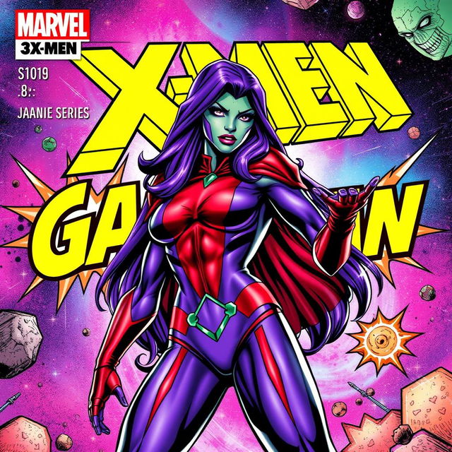 A vibrant and dynamic comic book cover featuring Gamora from the Marvel X-Men series