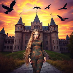 A breathtaking photograph of a grand Medieval castle at sunset, where the sky transforms into a canvas of warm orange and deep purple shades
