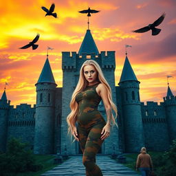 A breathtaking photograph of a grand Medieval castle at sunset, where the sky transforms into a canvas of warm orange and deep purple shades
