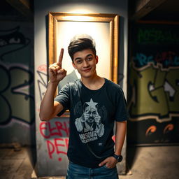 A young male adult, approximately 17 years old, standing confidently with a playful yet defiant expression, raising his middle finger towards a prominent portrait of President Masoud Pezeshkian