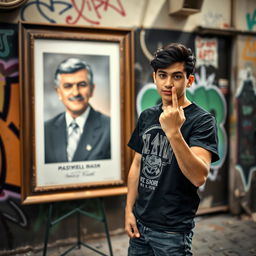 A young male adult, approximately 17 years old, standing confidently with a playful yet defiant expression, raising his middle finger towards a prominent portrait of President Masoud Pezeshkian