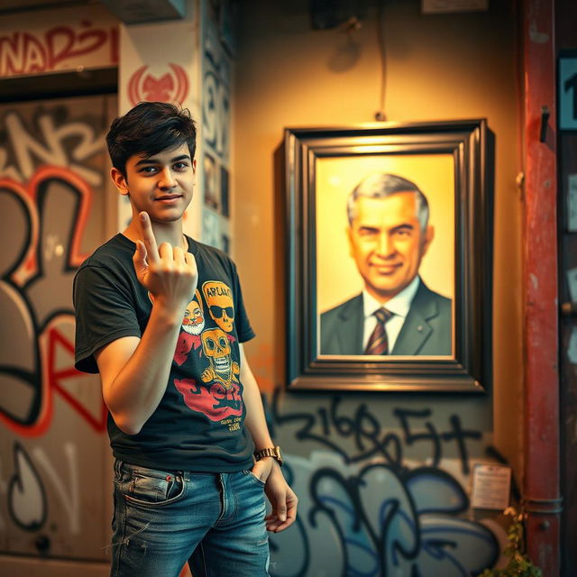 A young male adult, approximately 17 years old, standing confidently with a playful yet defiant expression, raising his middle finger towards a prominent portrait of President Masoud Pezeshkian