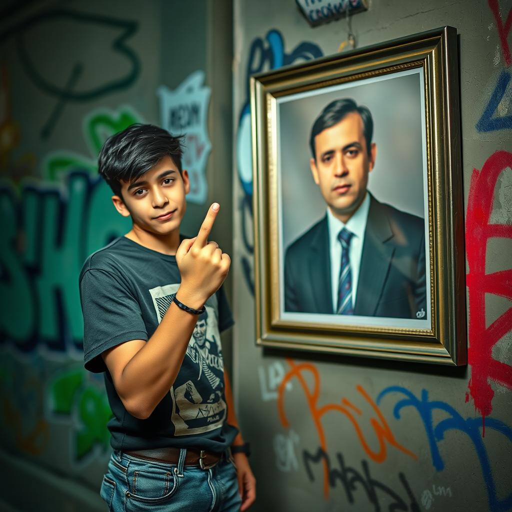 A young male adult, approximately 17 years old, standing confidently with a playful yet defiant expression, raising his middle finger towards a prominent portrait of President Masoud Pezeshkian