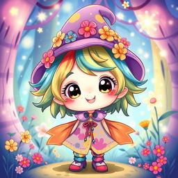 A whimsical and vibrant illustration of a cute and cheerful character, resembling a fantasy creature with large, expressive eyes and an oversized hat