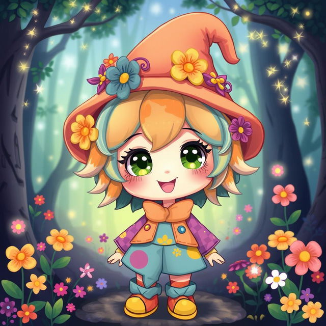 A whimsical and vibrant illustration of a cute and cheerful character, resembling a fantasy creature with large, expressive eyes and an oversized hat