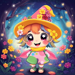 A whimsical and vibrant illustration of a cute and cheerful character, resembling a fantasy creature with large, expressive eyes and an oversized hat