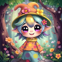 A whimsical and vibrant illustration of a cute and cheerful character, resembling a fantasy creature with large, expressive eyes and an oversized hat