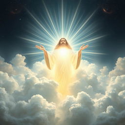 An artistic representation of God, depicted as an ethereal figure shrouded in clouds and light, with radiant beams illuminating from behind