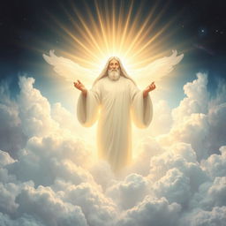 An artistic representation of God, depicted as an ethereal figure shrouded in clouds and light, with radiant beams illuminating from behind
