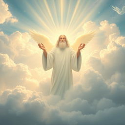 An artistic representation of God, depicted as an ethereal figure shrouded in clouds and light, with radiant beams illuminating from behind