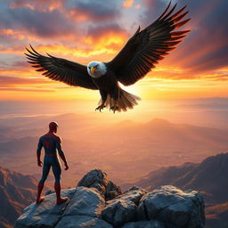 A powerful eagle majestically spreading its wings atop a rocky cliff, capturing the essence of strength and freedom