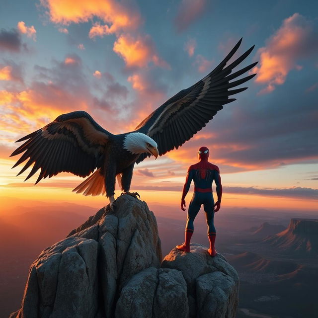 A powerful eagle majestically spreading its wings atop a rocky cliff, capturing the essence of strength and freedom