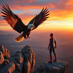 A powerful eagle majestically spreading its wings atop a rocky cliff, capturing the essence of strength and freedom