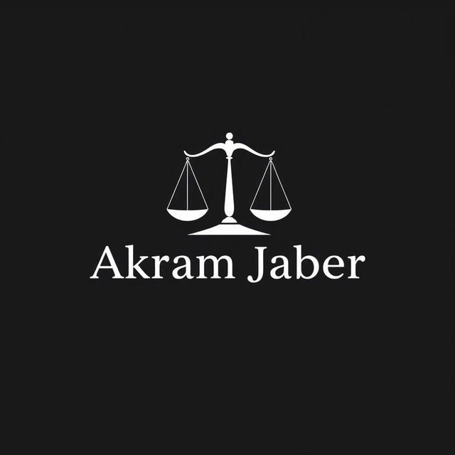 A sleek and modern logo design for Akram Jaber, prominently featuring a scale symbol to represent balance and justice, set against a deep black background