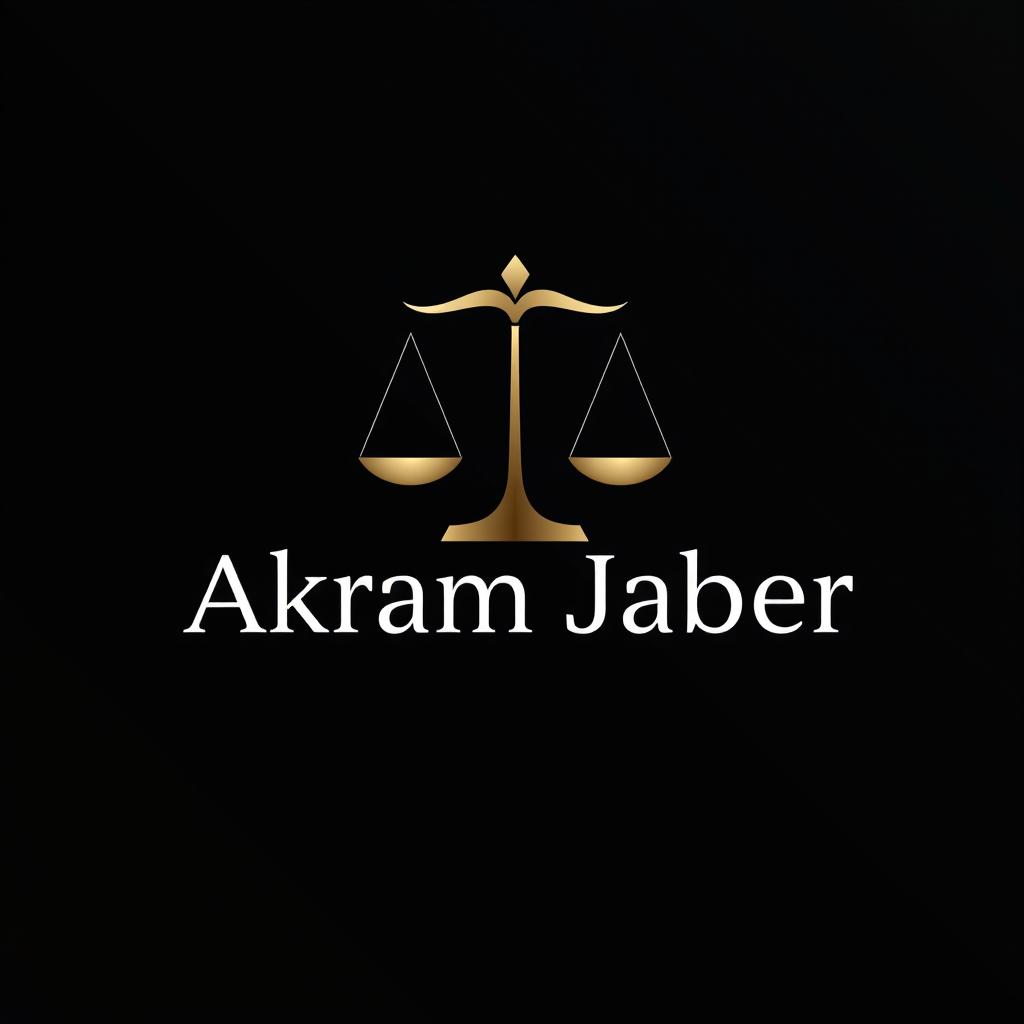 A sleek and modern logo design for Akram Jaber, prominently featuring a scale symbol to represent balance and justice, set against a deep black background