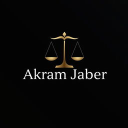 A sleek and modern logo design for Akram Jaber, prominently featuring a scale symbol to represent balance and justice, set against a deep black background