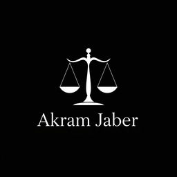A sleek and modern logo design for Akram Jaber, prominently featuring a scale symbol to represent balance and justice, set against a deep black background