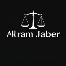 A sleek and modern logo design for Akram Jaber, prominently featuring a scale symbol to represent balance and justice, set against a deep black background