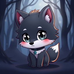 A cute chibi wolf character with big expressive eyes and a fluffy tail, wearing a dark, stylish collar