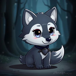 A cute chibi wolf character with big expressive eyes and a fluffy tail, wearing a dark, stylish collar