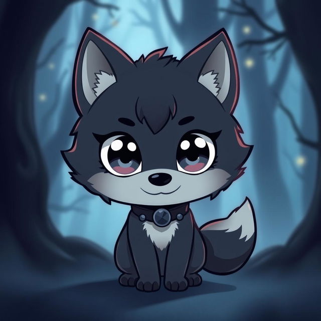 A cute chibi wolf character with big expressive eyes and a fluffy tail, wearing a dark, stylish collar