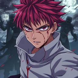 An anime-style illustration of a male character in an intense and dramatic setting