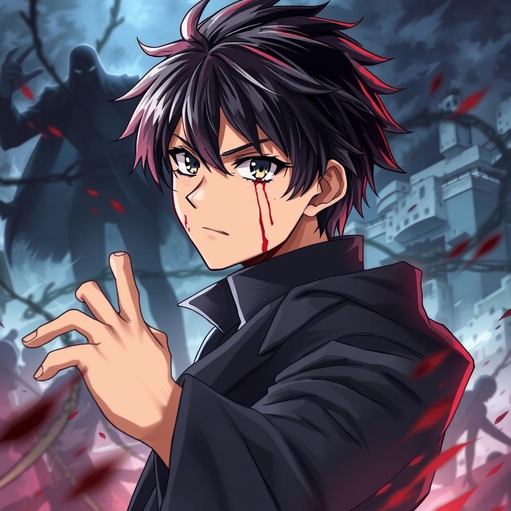 An anime-style illustration of a male character in an intense and dramatic setting