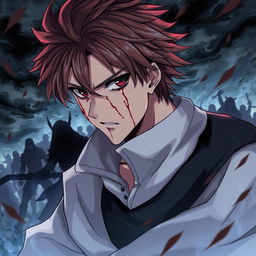 An anime-style illustration of a male character in an intense and dramatic setting