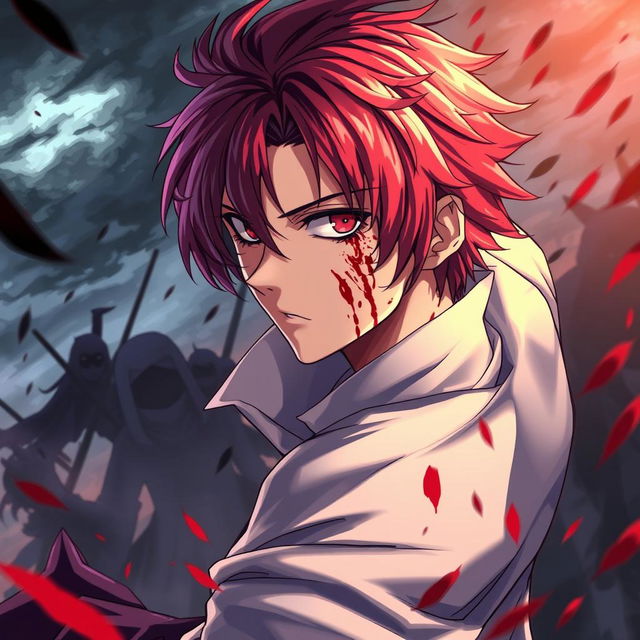 An anime-style illustration of a male character in an intense and dramatic setting