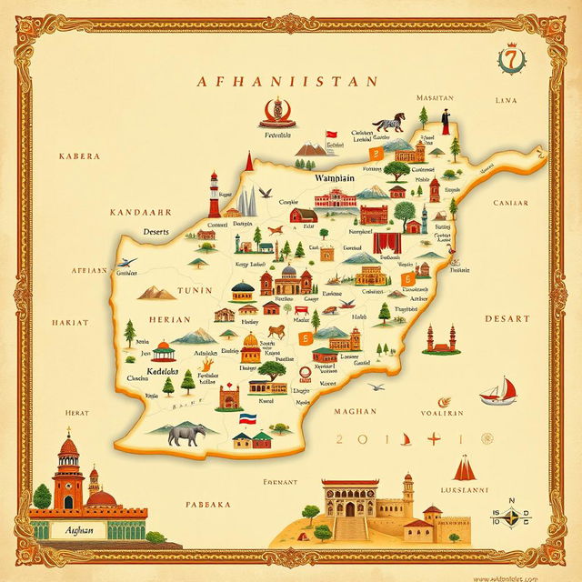 A detailed and artistic map of Afghanistan, showcasing its diverse geography, cultural landmarks, and historical sites