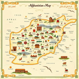 A detailed and artistic map of Afghanistan, showcasing its diverse geography, cultural landmarks, and historical sites