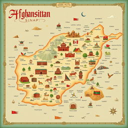 A detailed and artistic map of Afghanistan, showcasing its diverse geography, cultural landmarks, and historical sites