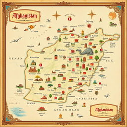 A detailed and artistic map of Afghanistan, showcasing its diverse geography, cultural landmarks, and historical sites