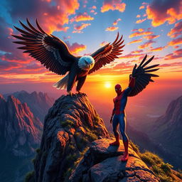 A powerful eagle majestically spreading its wings atop a rugged cliff, symbolizing strength and freedom